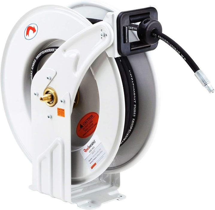 Reelworks Retractable Oil Hose Reel – 1/2 in. x 15.2 m, Dual Arm Steel, 160 bar Max Pressure