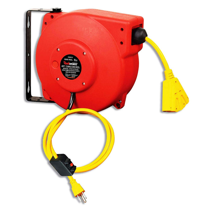 Reelworks Retractable Cord Reel – 12AWG x 12.2 m, Polypropylene Case, 15A, 1875W Max Indoor Use