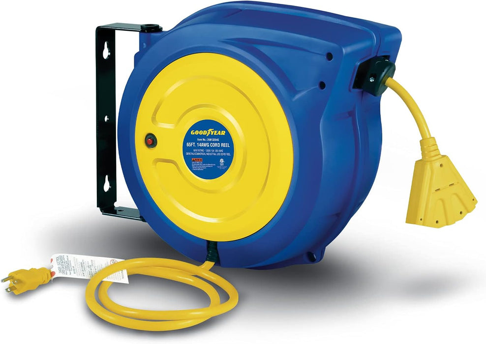 Goodyear Retractable Extension Cord Reel – 14AWG x 19.8 m, Triple Tap, 1250W Rated, Industrial Grade