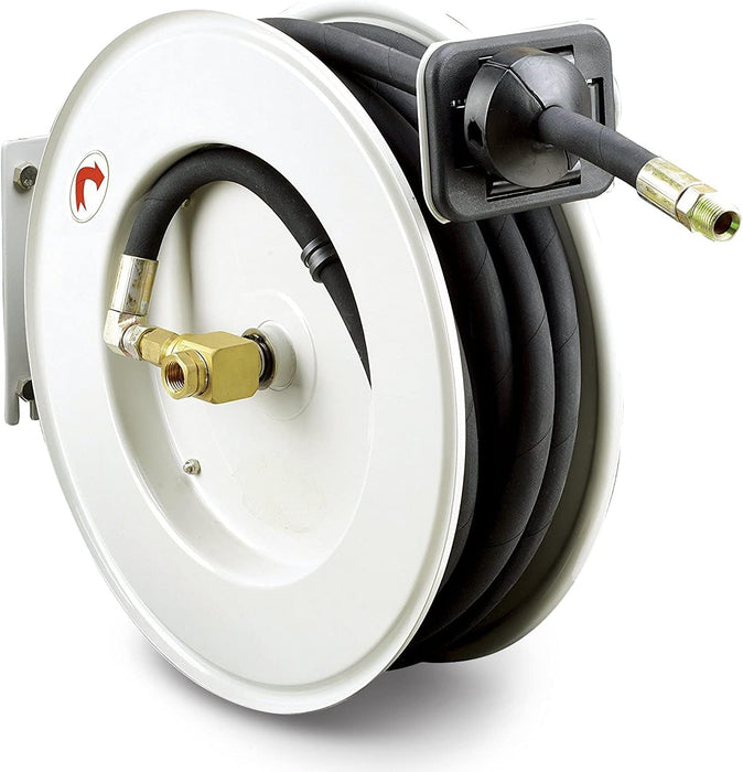 Reelworks Retractable Oil Hose Reel – 1/2 in. x 15.2 m, 160 bar Max, Steel Frame, L-Base Mount