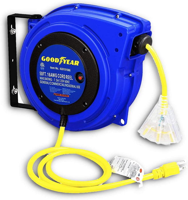 Goodyear Retractable Extension Cord Reel – 16AWG x 15.2 m, LED Triple Tap, 938W Max, Commercial Grade