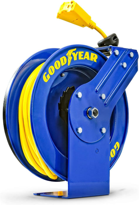 Goodyear Retractable Extension Cord Reel – 12AWG x 24.4 m, Triple Tap, Mountable, Heavy-Duty Cable