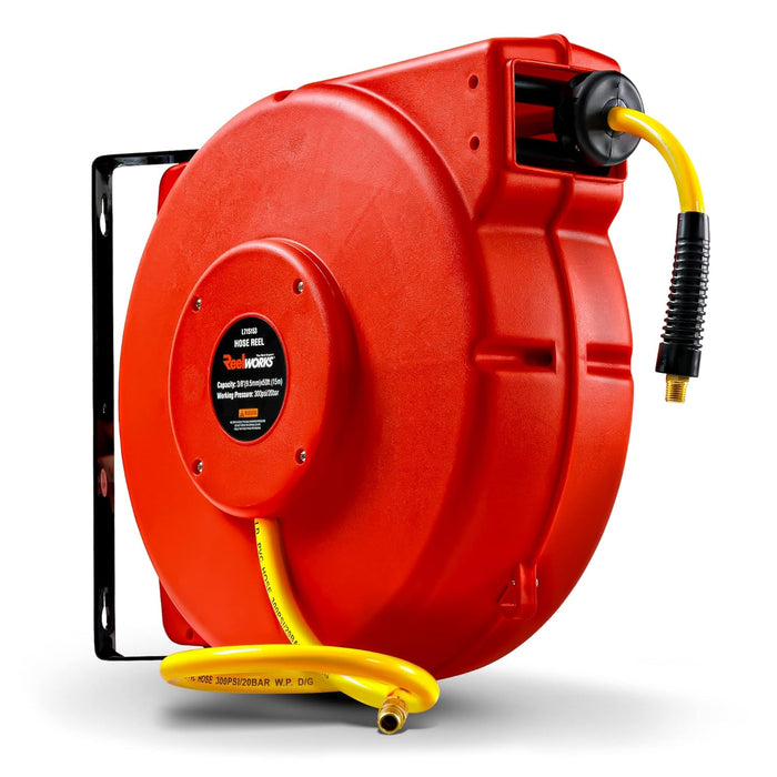 Reelworks Retractable Air & Water Hose Reel – 3/8 in. x 15.2 m Hybrid Flex Hose, 300 PSI Max, Spring-Driven, Wall-Mount Polypropylene Case