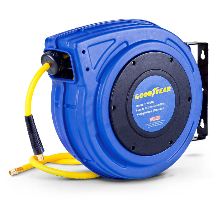 Goodyear Retractable Air Hose Reel – 3/8 in. x 19.8 m, 300 PSI, Flex Hybrid, Polypropylene Case