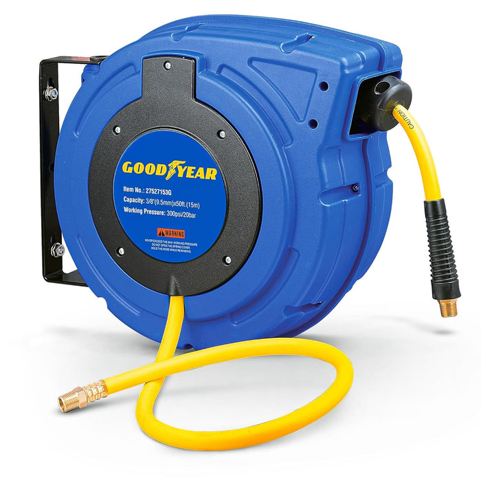 Goodyear Retractable Air Hose Reel – 3/8 in. x 15.2 m, 300 PSI, Enclosed Case, Flex Hybrid Polymer