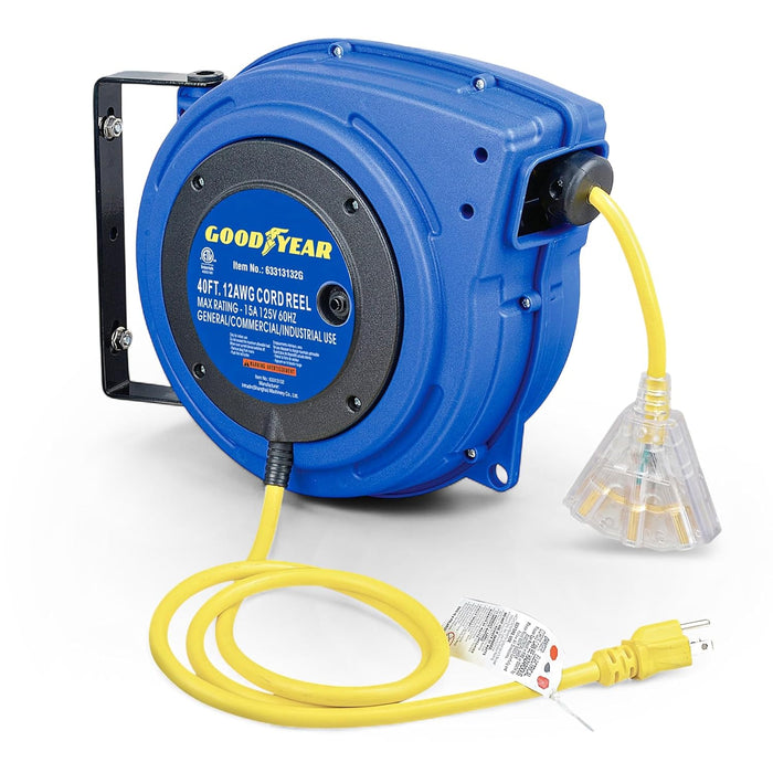 Goodyear Heavy-Duty Cord Reel – 12AWG x 12.2 m, Triple Tap, LED Connector, 125V, Industrial Use