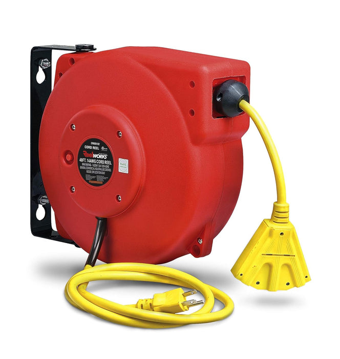 Reelworks Retractable Extension Cord Reel – 14AWG x 12.2 m, Triple Tap, 1625W Max Load