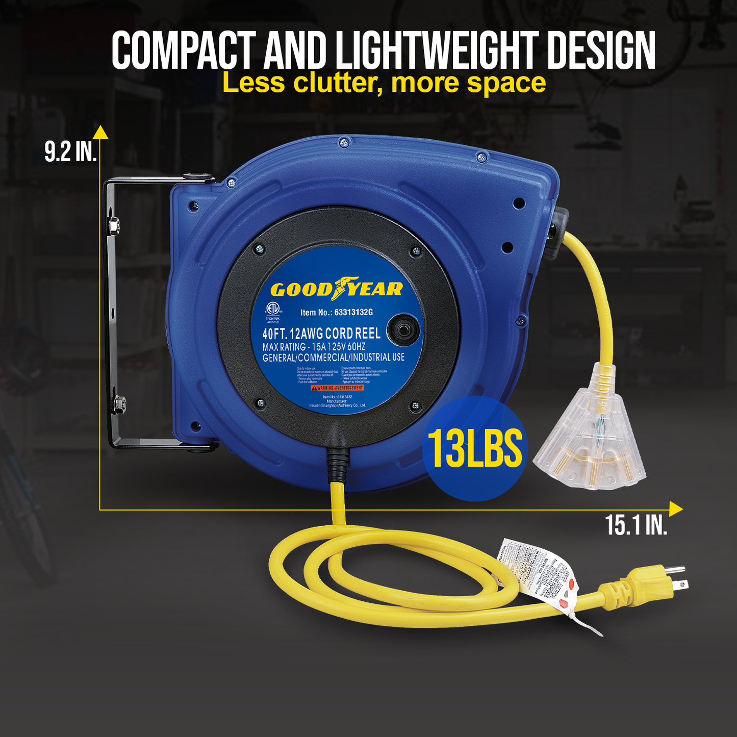 Goodyear Mountable Retractable Extension Cord Reel - 12AWG x 40' Ft, 3 Grounded Outlets, Max 15A