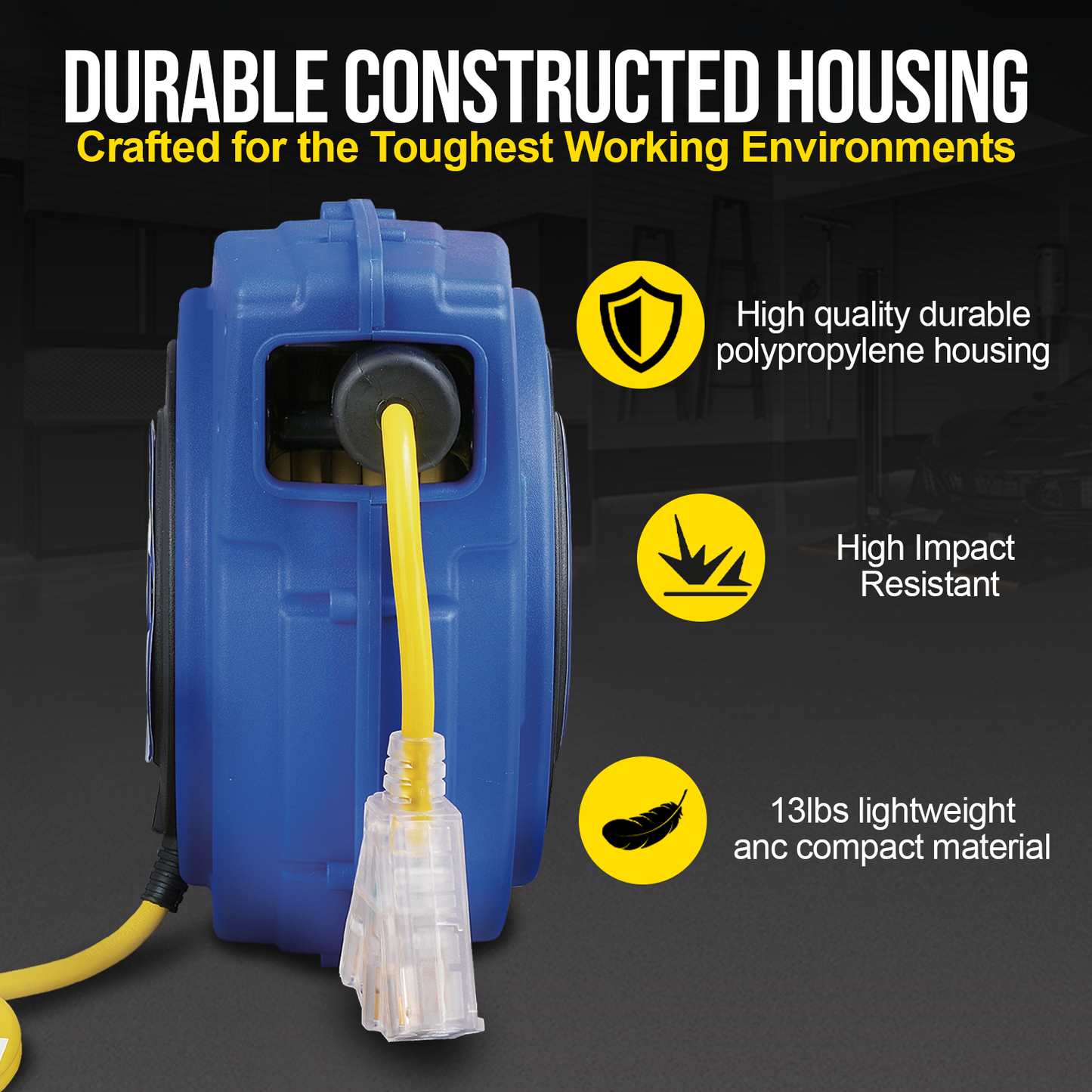 Goodyear Mountable Retractable Extension Cord Reel - 12AWG x 40' Ft, 3 Grounded Outlets, Max 15A
