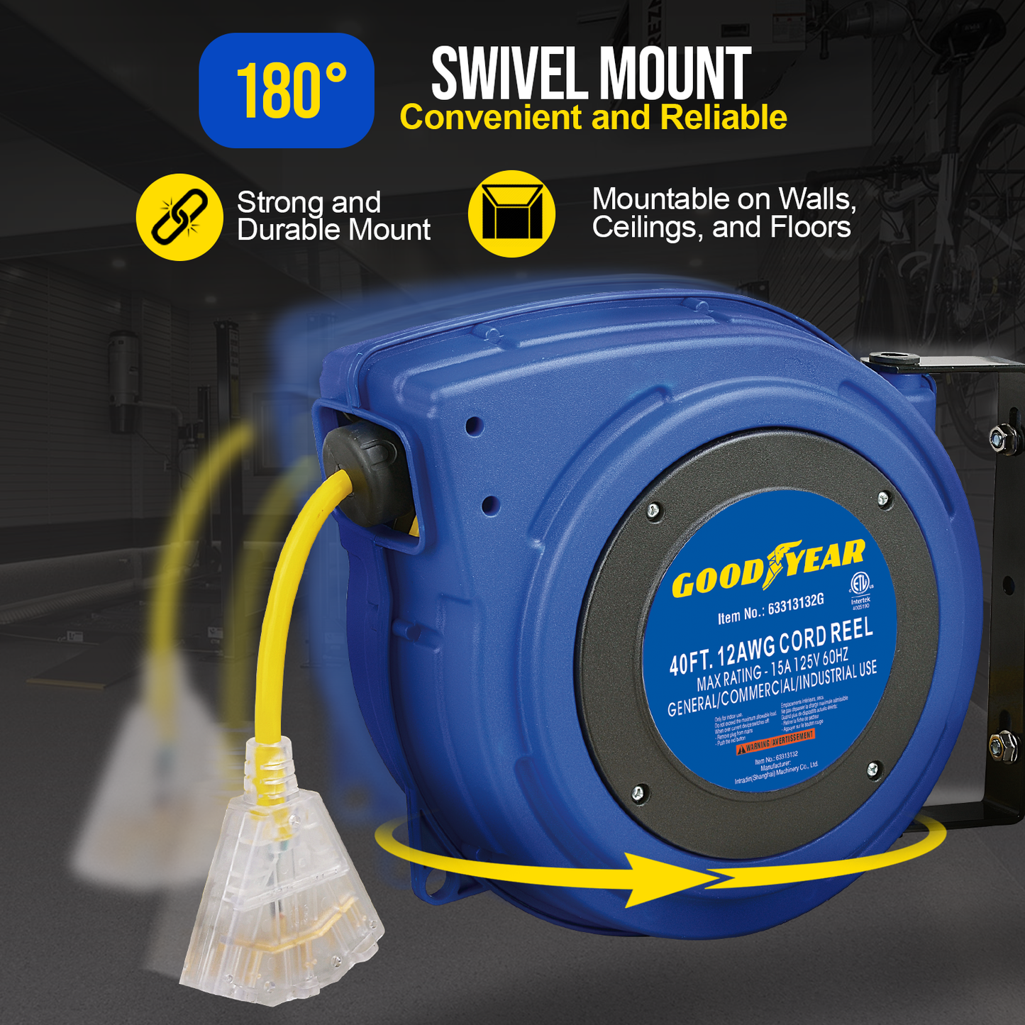 Goodyear Mountable Retractable Extension Cord Reel - 12AWG x 40' Ft, 3 Grounded Outlets, Max 15A