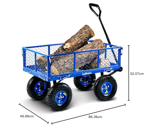 Landworks Utility Wagon – Garden Cart with Mesh Sides, 181 kg Load, All-Terrain Wheels, Blue