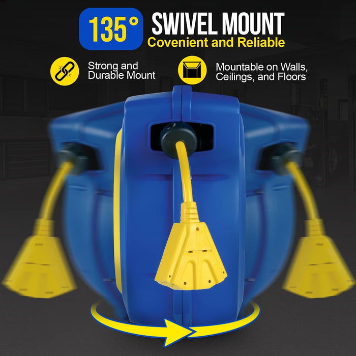 Goodyear Retractable Extension Cord Reel – 14AWG x 19.8 m, Triple Tap, 1250W Rated, Industrial Grade