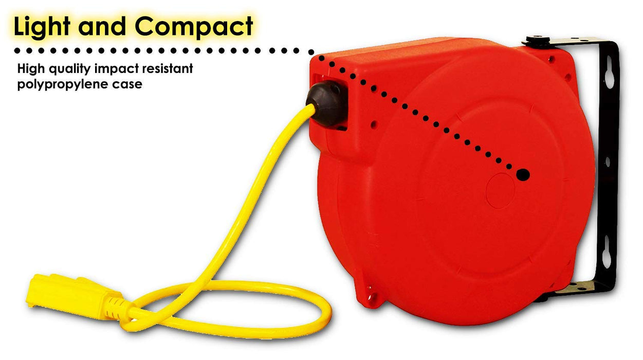 Reelworks Retractable Cord Reel – 12AWG x 12.2 m, Polypropylene Case, 15A, 1875W Max Indoor Use