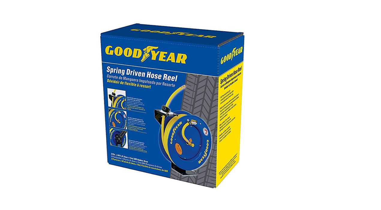 Goodyear Air Hose Reel – 3/8 in. x 15.2 m, Rubber Hose, Steel Retractable Frame, 300 PSI