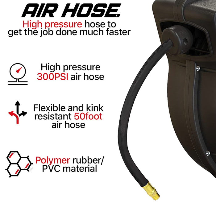 Reelworks Plastic Retractable Hose Reel – 3/8 in. x 15.2 m, Hybrid Polymer, Max 300 PSI, Air/Water Use