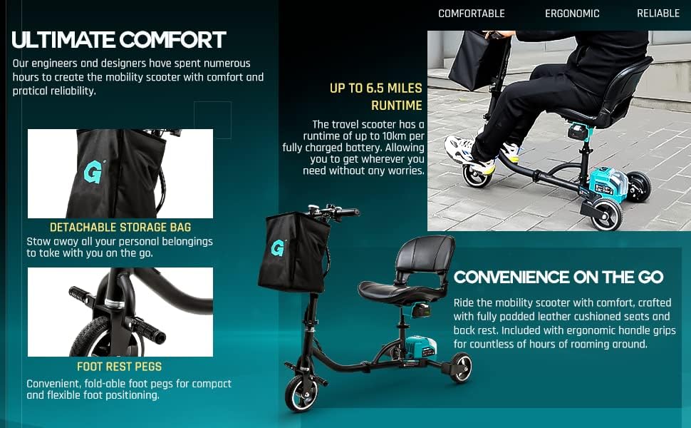 G Folding Mobility Scooter – 3-Wheel, 48V Li-ion, Lightweight, Airline-Friendly, 125 kg Capacity