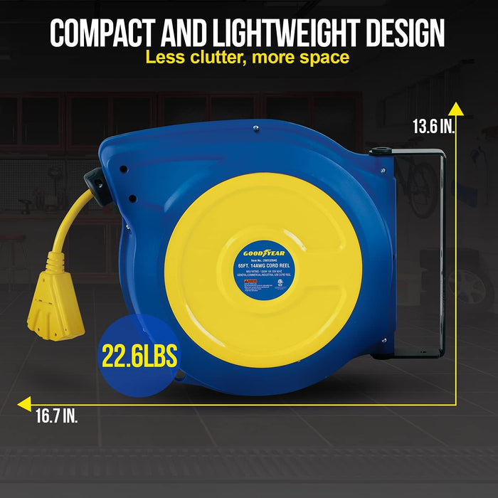 Goodyear Retractable Extension Cord Reel – 14AWG x 19.8 m, Triple Tap, 1250W Rated, Industrial Grade