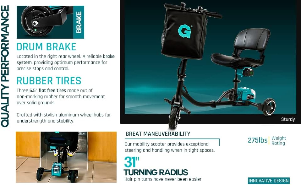 G Folding Mobility Scooter – 3-Wheel, 48V Li-ion, Lightweight, Airline-Friendly, 125 kg Capacity