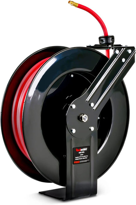 Reelworks Retractable Air Hose Reel – 3/8 in. x 24.4 m, Longest Hybrid Hose, 300 PSI, Steel Frame