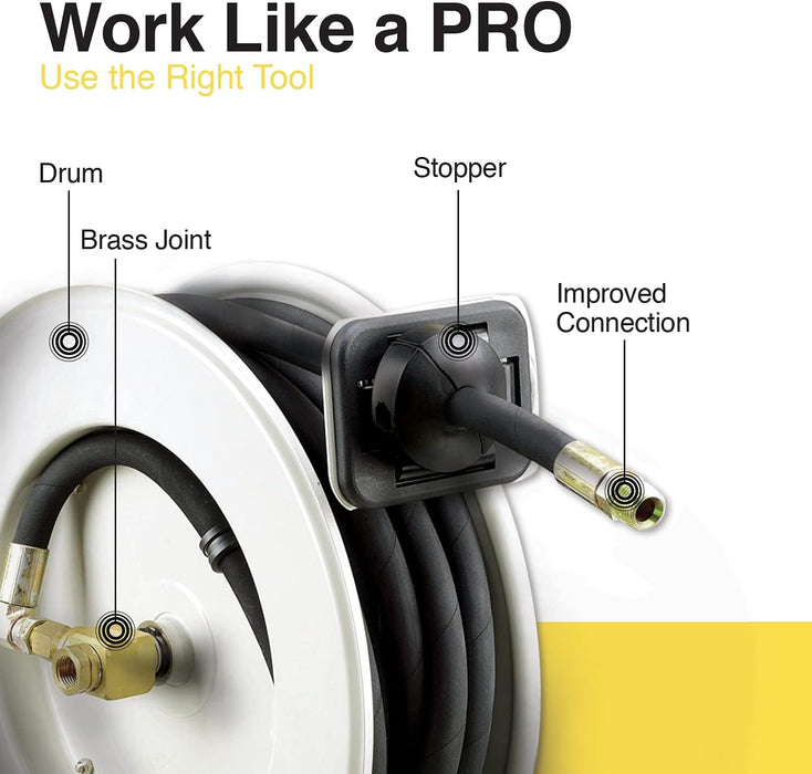Reelworks Retractable Oil Hose Reel – 1/2 in. x 15.2 m, 160 bar Max, Steel Frame, L-Base Mount