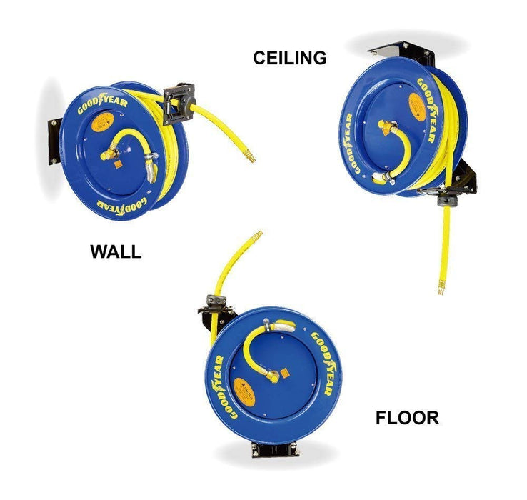 Goodyear Air Hose Reel – 3/8 in. x 15.2 m, Rubber Hose, Steel Retractable Frame, 300 PSI