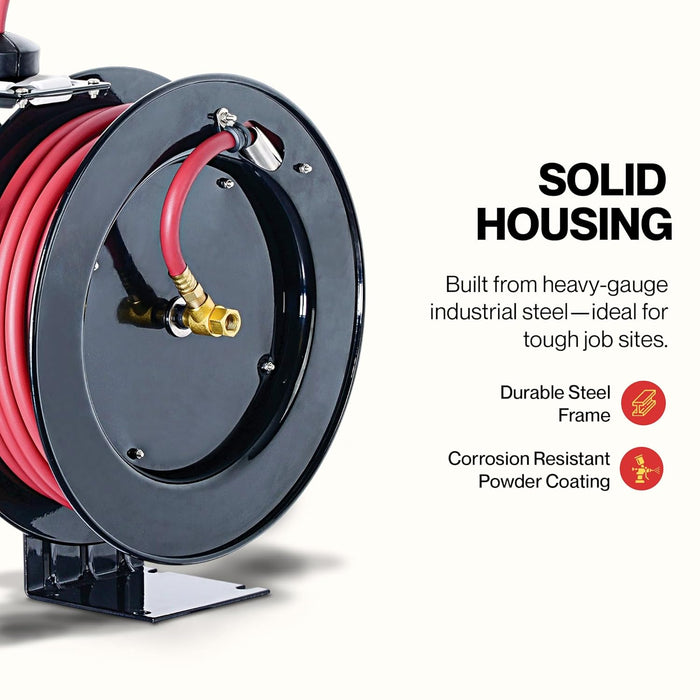 Reelworks Retractable Air Hose Reel – 3/8 in. x 15.2 m, Hybrid Polymer, 300 PSI, Swivel Mount