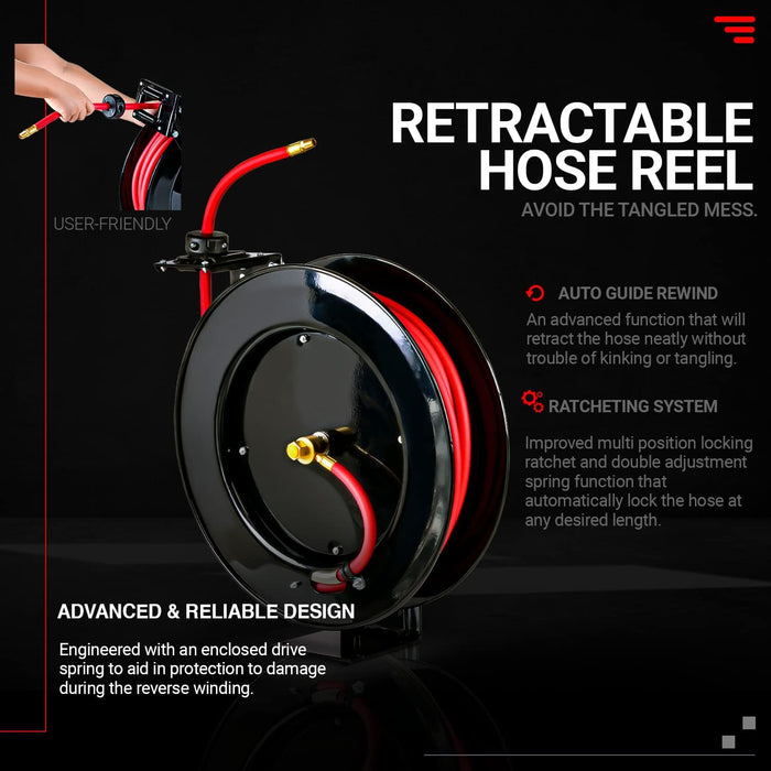 Reelworks Retractable Air Hose Reel – 3/8 in. x 24.4 m, Longest Hybrid Hose, 300 PSI, Steel Frame