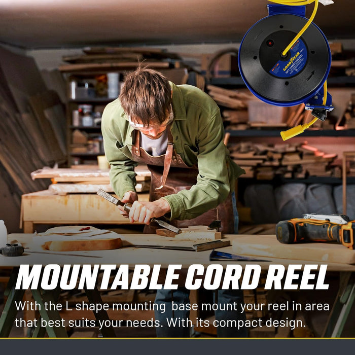 Goodyear Retractable Extension Cord Reel – 12AWG x 24.4 m, Triple Tap, Mountable, Heavy-Duty Cable