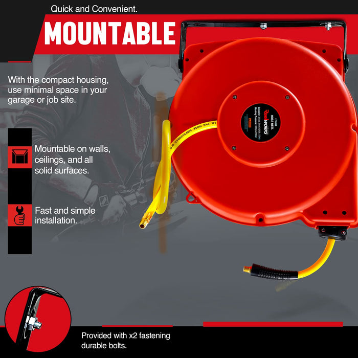 Reelworks Retractable Air & Water Hose Reel – 3/8 in. x 15.2 m Hybrid Flex Hose, 300 PSI Max, Spring-Driven, Wall-Mount Polypropylene Case