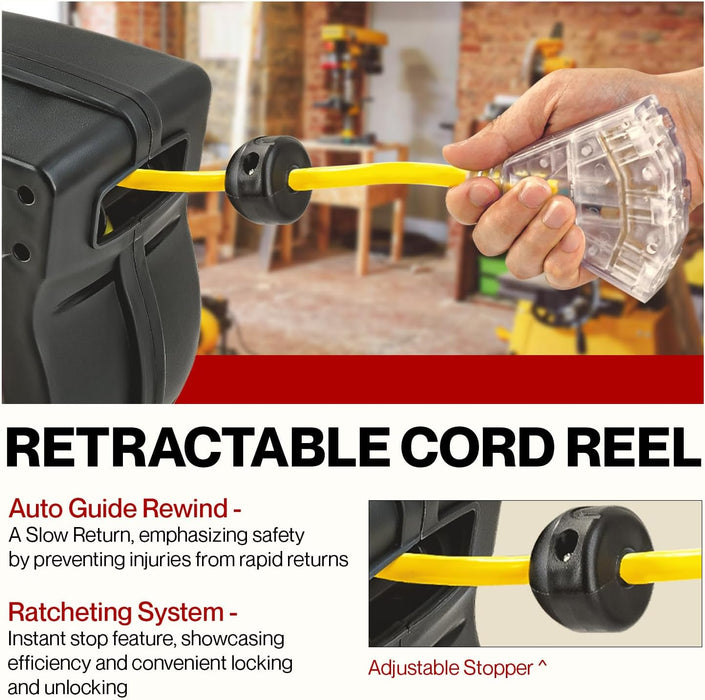 Reelworks Retractable Cord Reel – 15 m, 12AWG Glow Cable, Lighted Triple Tap