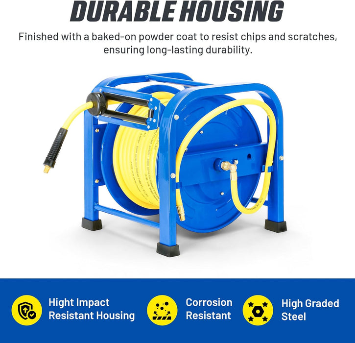 Goodyear Retractable Air Hose Reel – 3/8 in. x 30.5 m, 300 PSI, Flex Hybrid, Steel Frame, Portable