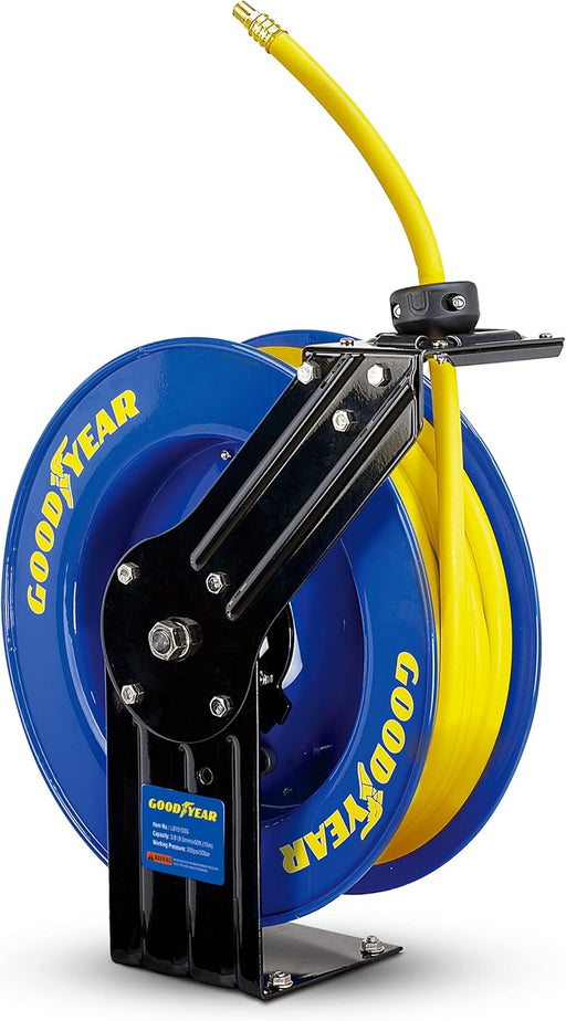 GOODYEAR Air/Water Hose Reel Retractable Spring Driven 3/8" Inch x 50' Feet Long Premium Commercial SBR Hose Max 300 Psi Reinforced Steel Construction Heavy Duty Industrial Dual Arm & Pedestal