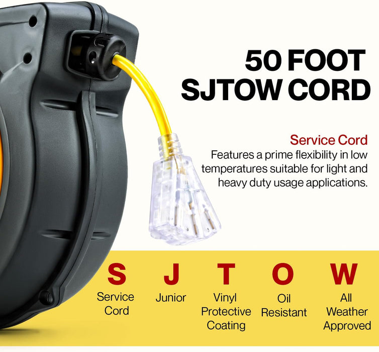 Reelworks Retractable Cord Reel – 15 m, 12AWG Glow Cable, Lighted Triple Tap