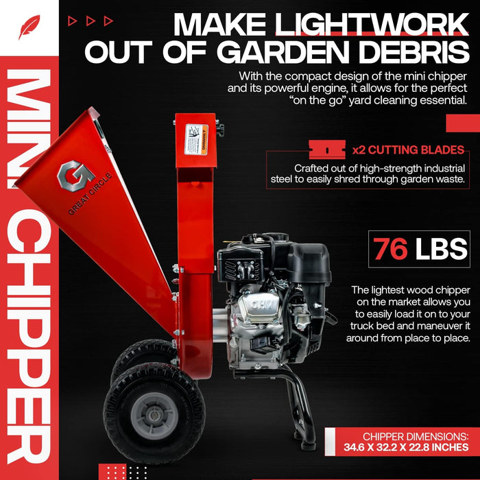 Great Circle USA Mini Wood Chipper Shredder Mulcher Ultra Duty 7 HP Gas Powered 3" Inch Max Wood Capacity EPA/CARB Certified Aids in Fire Prevention and Building Firebreaks