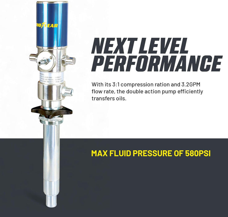 Goodyear Oil Transfer Pump Air Operated Pneumatic 3.1GPM / 12LPM PRO Heavy Duty Double Action 3:1 Fast High Flow Rate for SAE130 Oils/Fluids (NOT for Gasoline or Diesel)