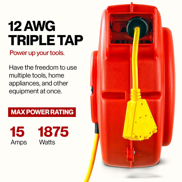 Reelworks Extension Cord Reel – 12AWG x 19.8 m, Triple Tap, Heavy-Duty Steel Frame