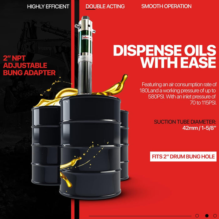 Lubeworks Oil Drum Pump – Double Action 5:1, 25 LPM Fast Flow, for SAE240 Fluids