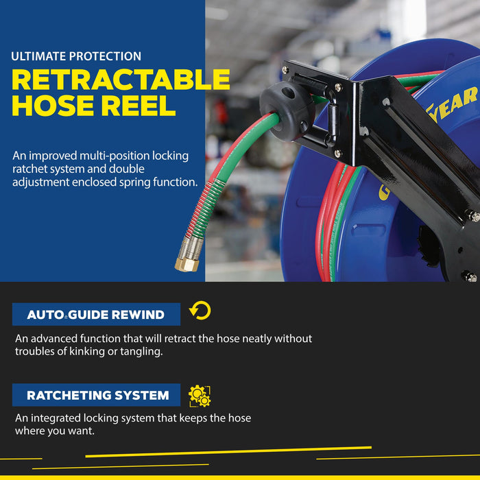 Goodyear Welding Hose Reel – Retractable, 1/4 in. x 15.2 m, Spring Driven Steel Frame