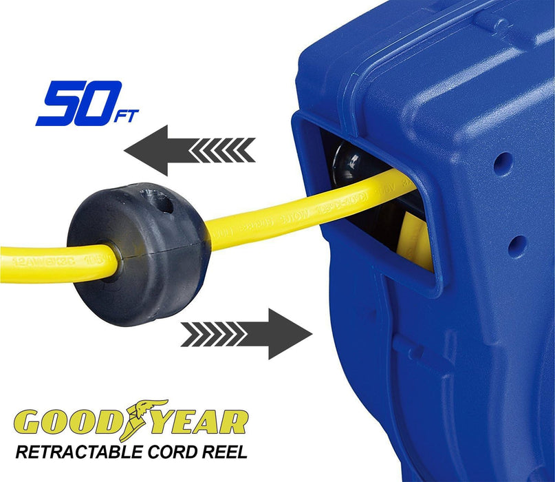 Goodyear Retractable Extension Cord Reel – 16AWG x 15.2 m, LED Triple Tap, 938W Max, Commercial Grade