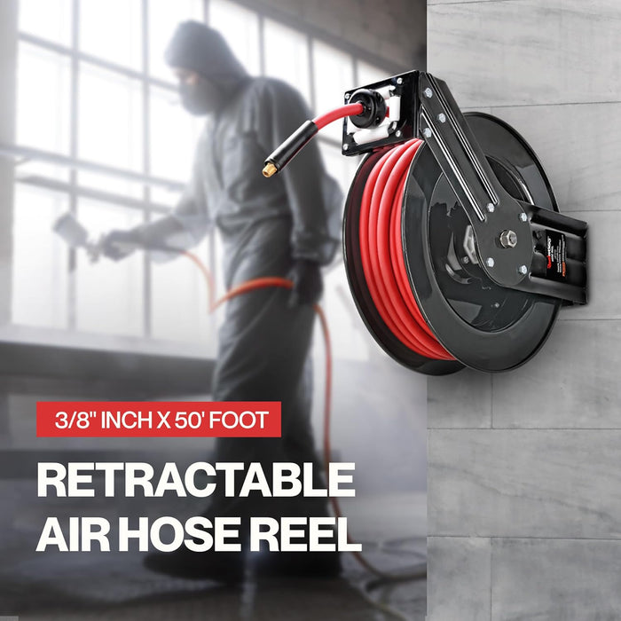 Reelworks Retractable Air Hose Reel – 3/8 in. x 15.2 m, Hybrid Polymer, 300 PSI, Swivel Mount