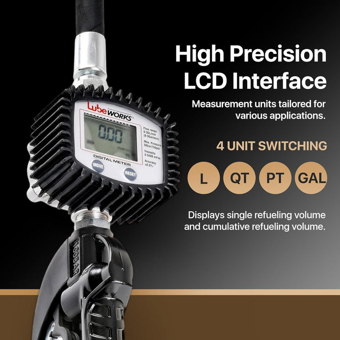 Lubeworks Oil Control Valve Digital Meter Dispensing Nozzle 10GPM/35LPM Heavy Duty Air Operated Pneumatic 1/2" inch NPT Inlet Pressure Range 7-725 Psi 5-50 Bar with Flexible Spout (Not for Gasoline)
