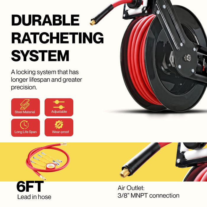 Reelworks Retractable Air Hose Reel – 3/8 in. x 15.2 m, 300 PSI, SBR Rubber, Steel Frame