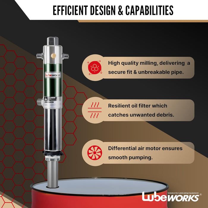 Lubeworks Oil Transfer Drum Pump Double Action 1:1 Fast High Flow Rate 8.5GPM / 32LPM for SAE130 Oils/Fluids
