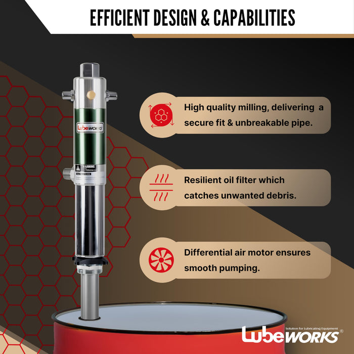Lubeworks Oil Drum Pump – Double Action 1:1, 32 LPM High Flow, for SAE130 Oils