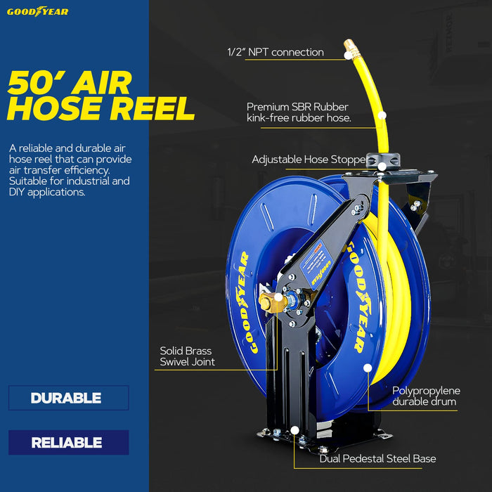 Goodyear Steel Retractable Hose Reel – 1/2 in. x 15.2 m, Rubber Hose, 300 PSI, Air/Water Compatible