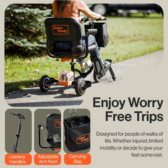 SuperHandy Passport Plus Mobility Scooter – Foldable 3-Wheel, 150 kg Capacity, Dual 48V Batteries, 45 cm Seat, Airline-Friendly
