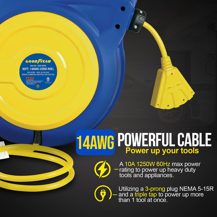 Goodyear Retractable Extension Cord Reel – 14AWG x 19.8 m, Triple Tap, 1250W Rated, Industrial Grade