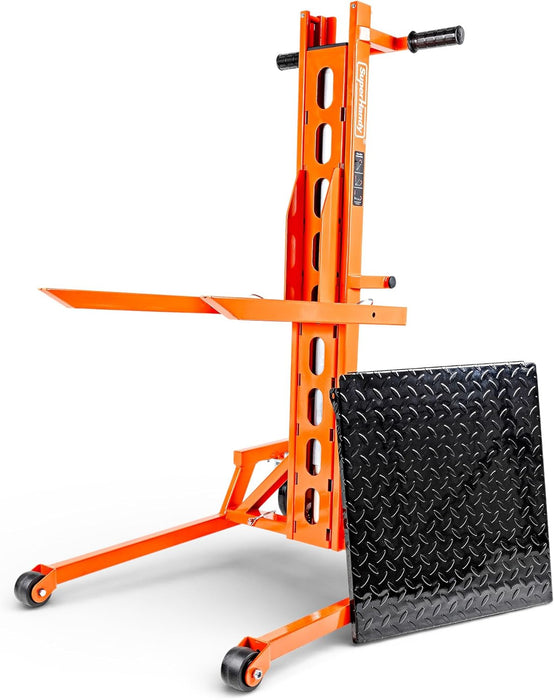 SuperHandy Hydraulic Material Lift Stacker, Portable Forklift – 550 lbs Capacity, 59" Max Lift Height, Disassembles for Transport, with 6" PU Wheels & Mechanical Brakes