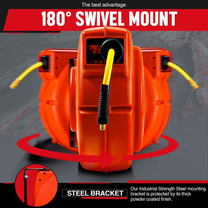 Reelworks Retractable Air & Water Hose Reel – 3/8 in. x 15.2 m Hybrid Flex Hose, 300 PSI Max, Spring-Driven, Wall-Mount Polypropylene Case