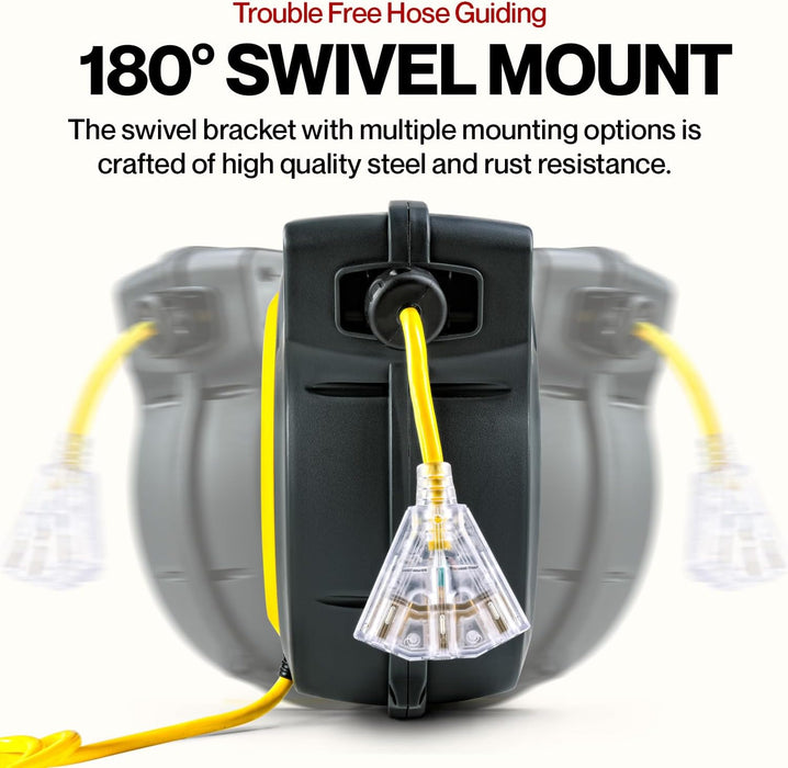 Reelworks Retractable Cord Reel – 15 m, 12AWG Glow Cable, Lighted Triple Tap